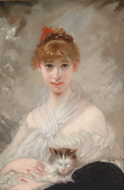 Girl with White Cloth and Cat in Arm by Charles Joshua Chaplin